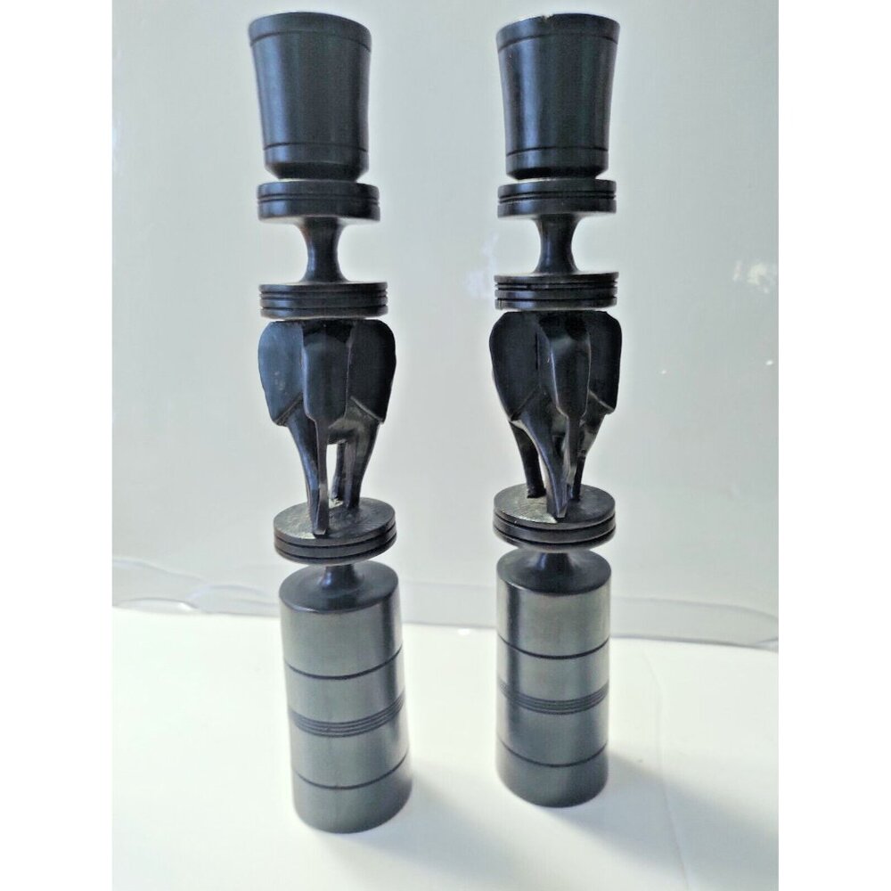 Ebony Wood Carved Elephant Candle Holders set of two 9 1/2" tall